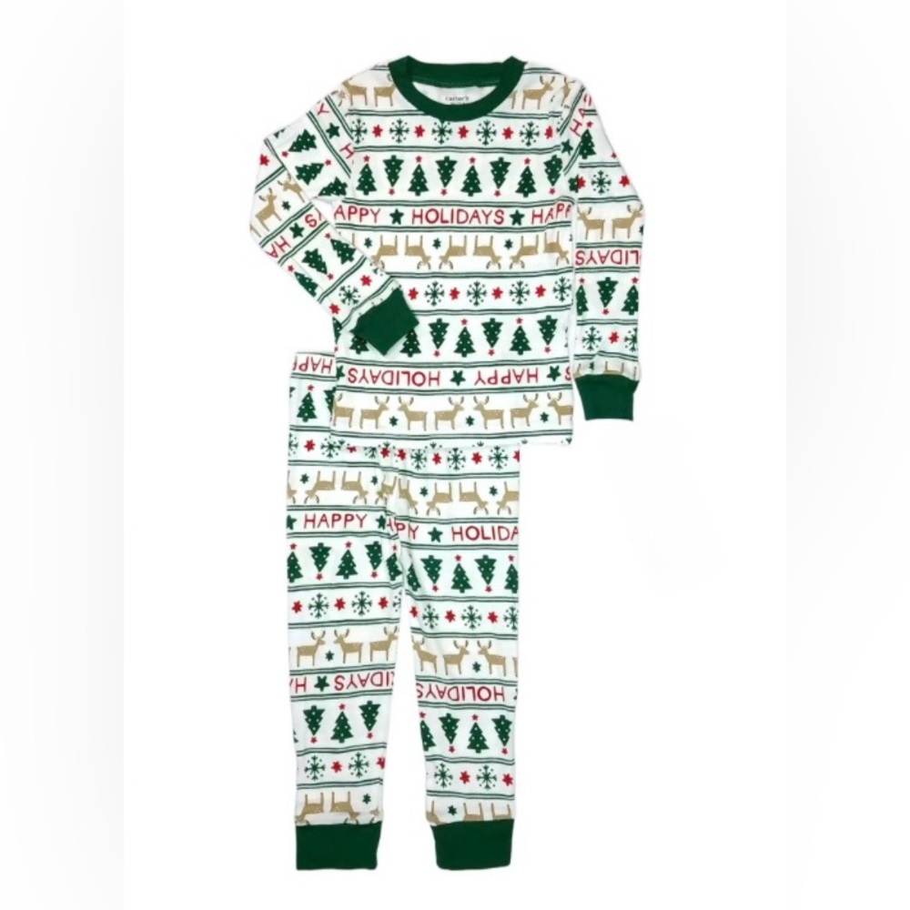 Festive Kids Pajamas with Reindeer and Tree Print “Happy Holidays”